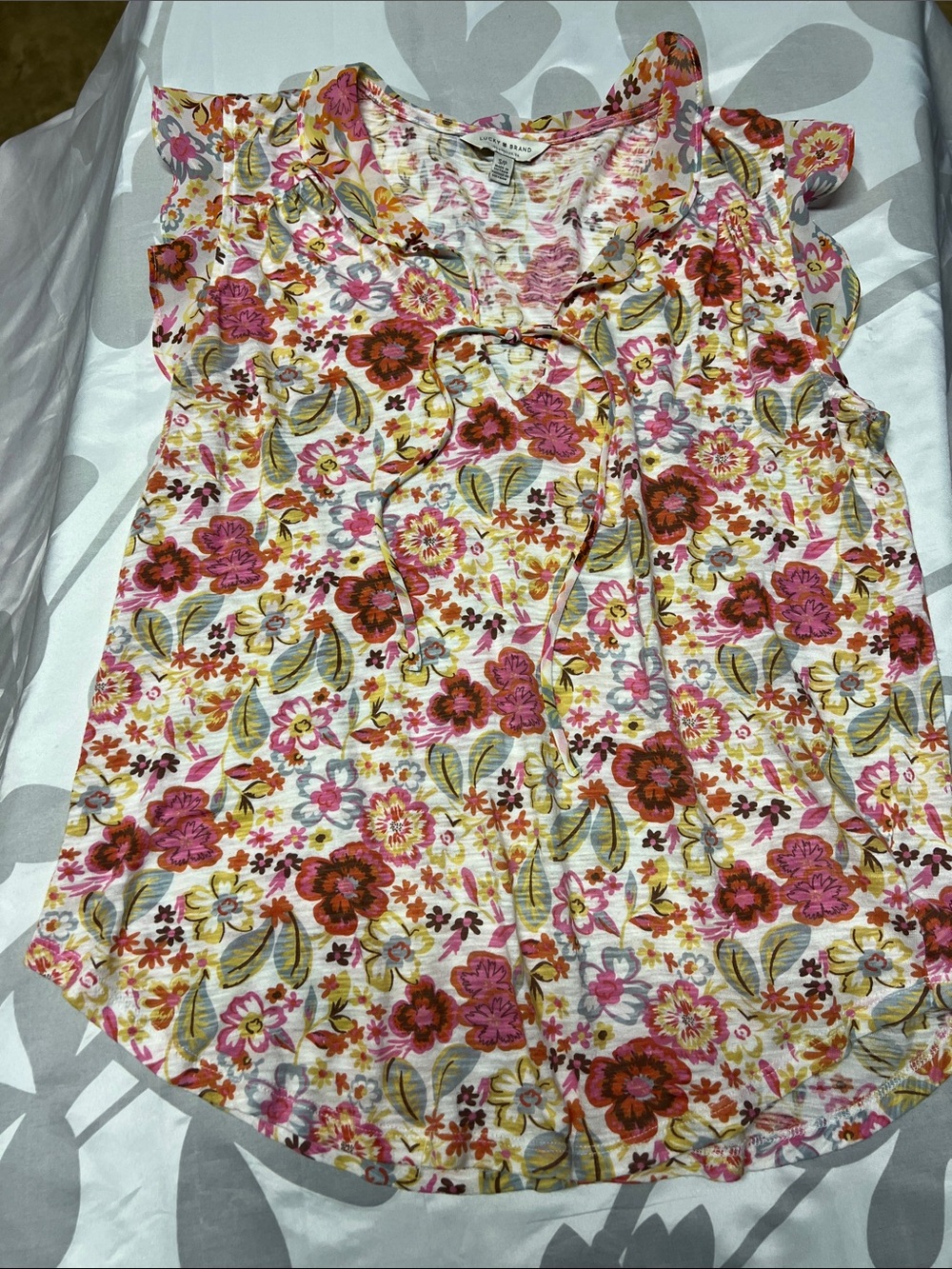 Lucky Brand Pink Multi Floral Tie-Front Ruffle Sleeve